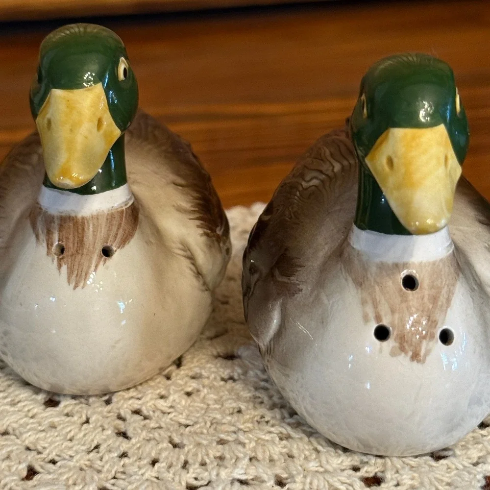Otagiri Mallard Duck Salt Pepper Shakers Green Brown Excellent 1981